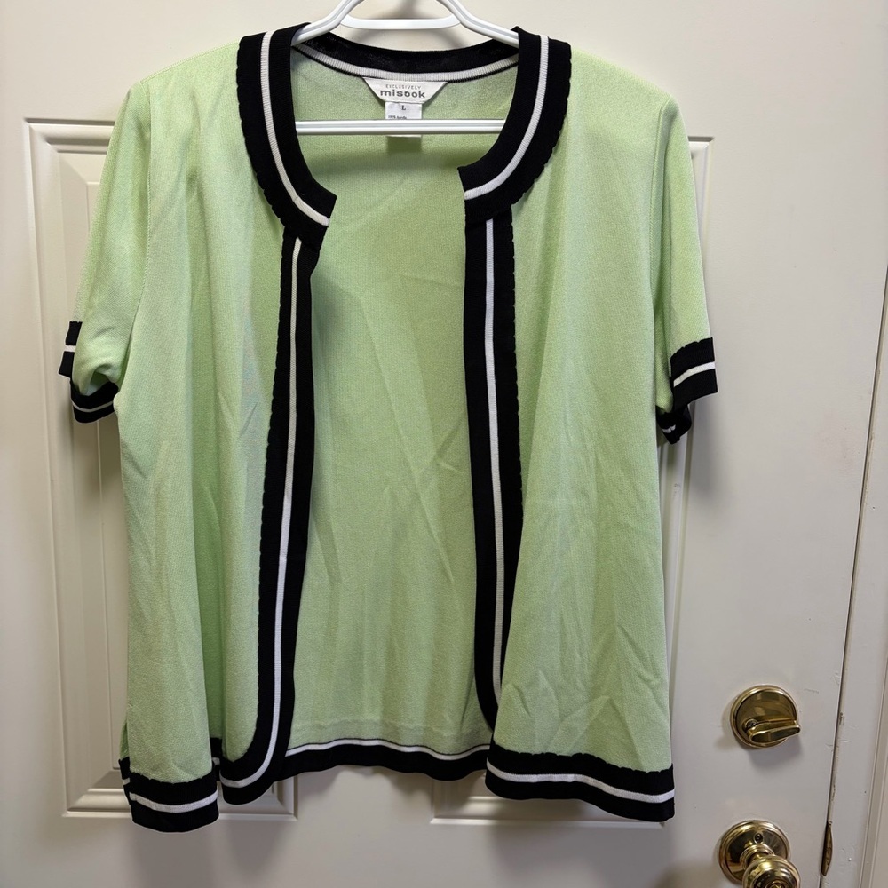 Misook Mint Green black scallop trim open front short sleeve cardigan L